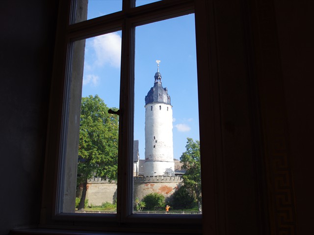 Hausmann's tower through textured window